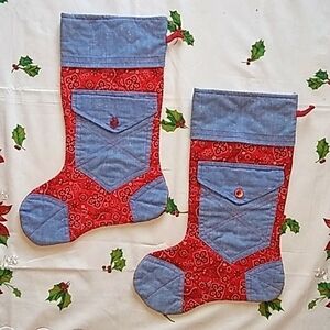 2 Vintage 70's Bandana & denim Christmas Stockings Red Blue Country Christmas